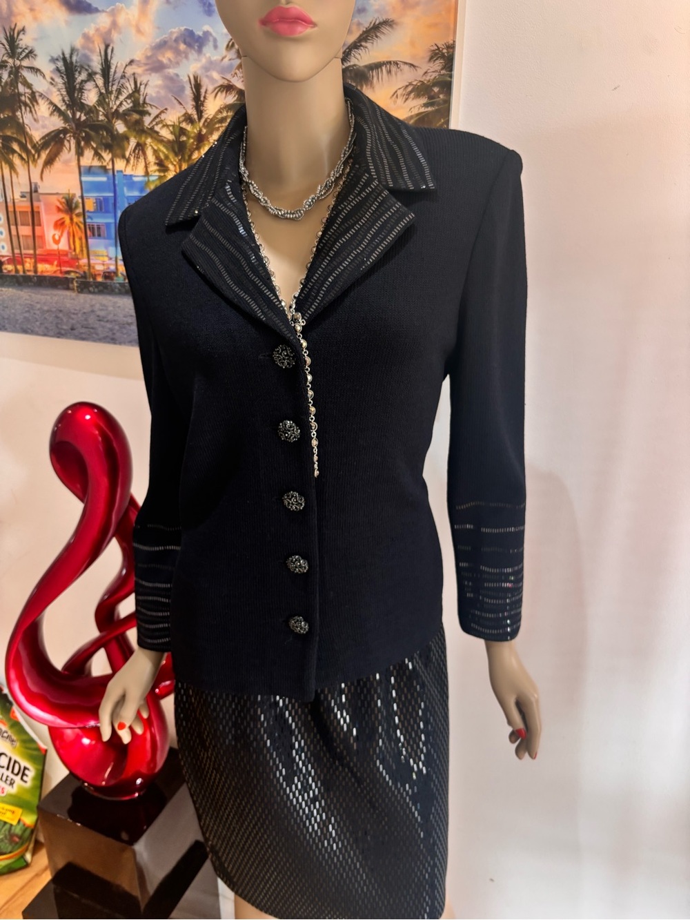 St. John black sequined paillettes shimmer skirt suit 8 M evening embellished